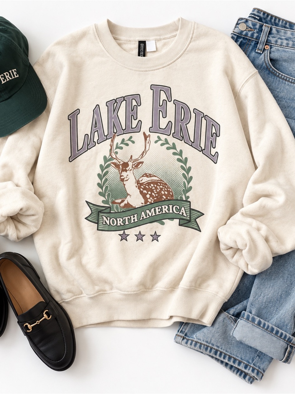 H&M Lake Erie Deer Graphic Sweatshirt XL Cream Oversized Cottagecore Outdoors